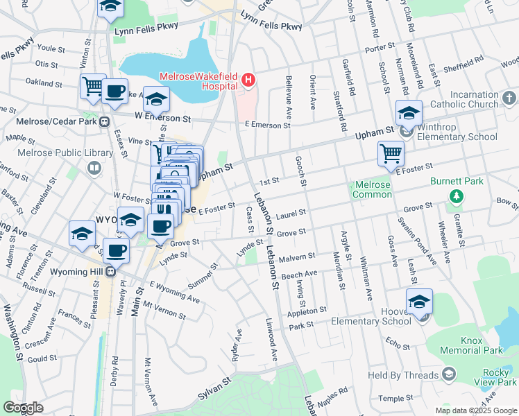 map of restaurants, bars, coffee shops, grocery stores, and more near 28 Cass Street in Melrose