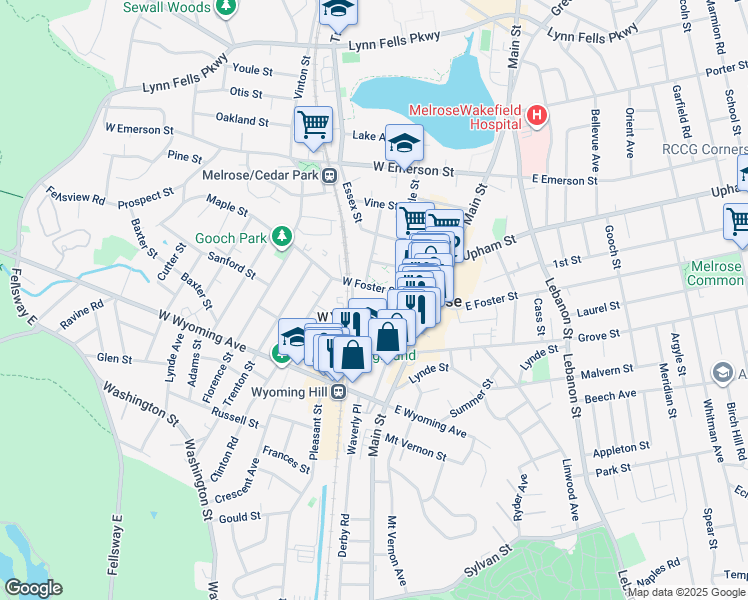 map of restaurants, bars, coffee shops, grocery stores, and more near 9 Berwick Place in Melrose