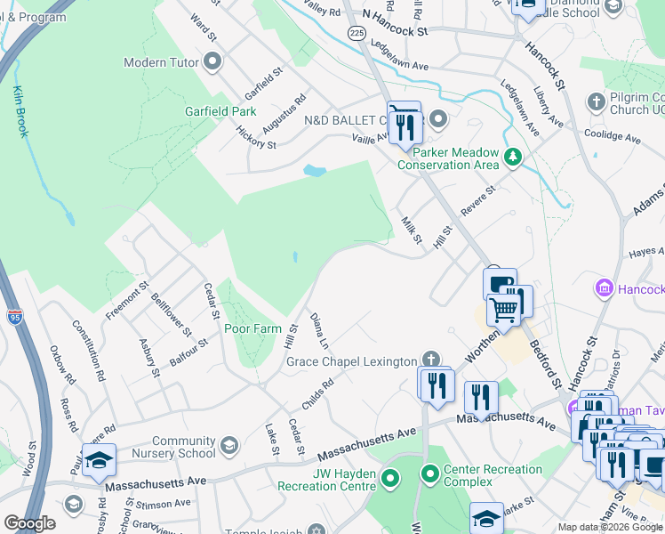 map of restaurants, bars, coffee shops, grocery stores, and more near 62 Hill Street in Lexington