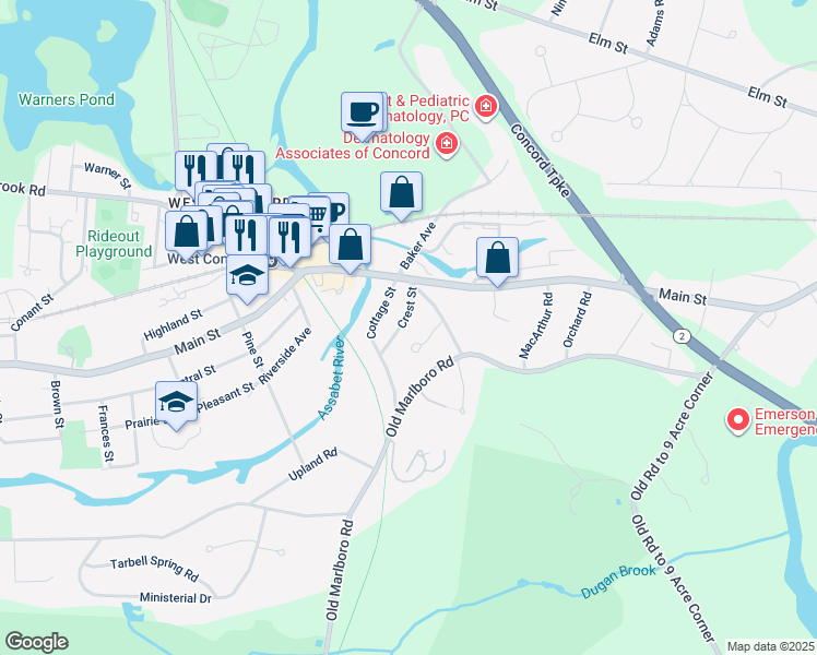 map of restaurants, bars, coffee shops, grocery stores, and more near 26 Bridgecourt Lane in Concord