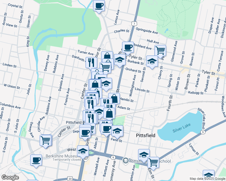 map of restaurants, bars, coffee shops, grocery stores, and more near 40 Maplewood Avenue in Pittsfield