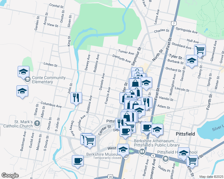 map of restaurants, bars, coffee shops, grocery stores, and more near 143 Bradford Street in Pittsfield