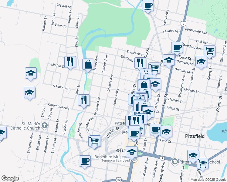 map of restaurants, bars, coffee shops, grocery stores, and more near 179 Francis Avenue in Pittsfield