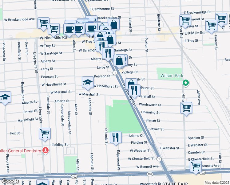 map of restaurants, bars, coffee shops, grocery stores, and more near 245 West Marshall Street in Ferndale