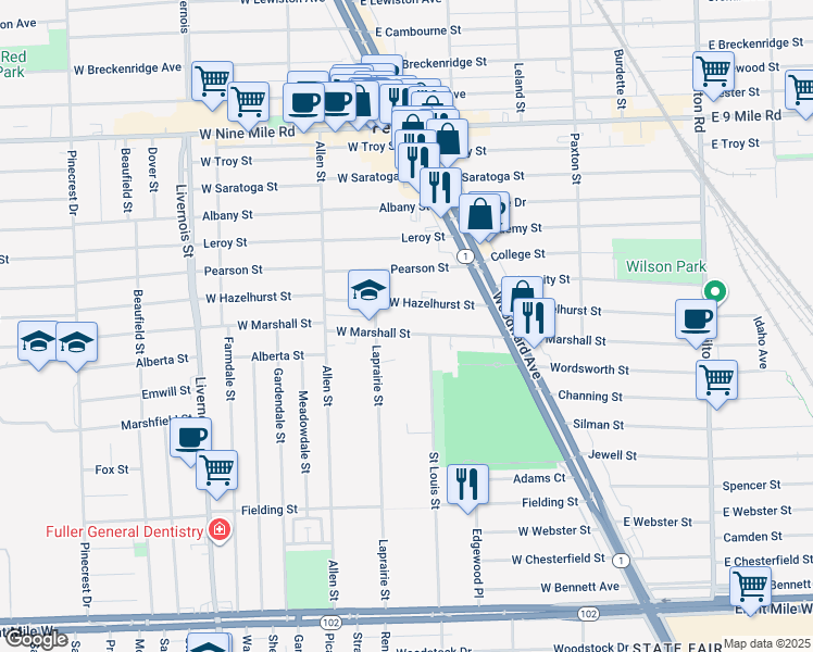 map of restaurants, bars, coffee shops, grocery stores, and more near 333 West Marshall Street in Ferndale