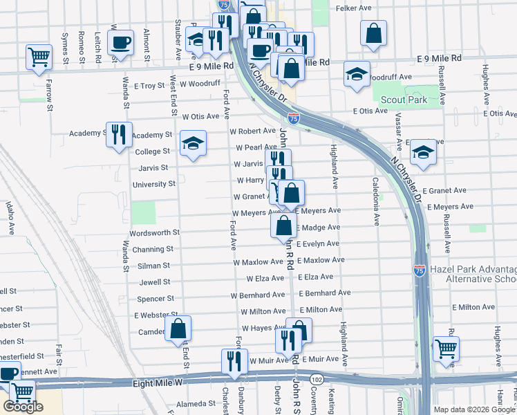 map of restaurants, bars, coffee shops, grocery stores, and more near 61 West Meyers Avenue in Hazel Park