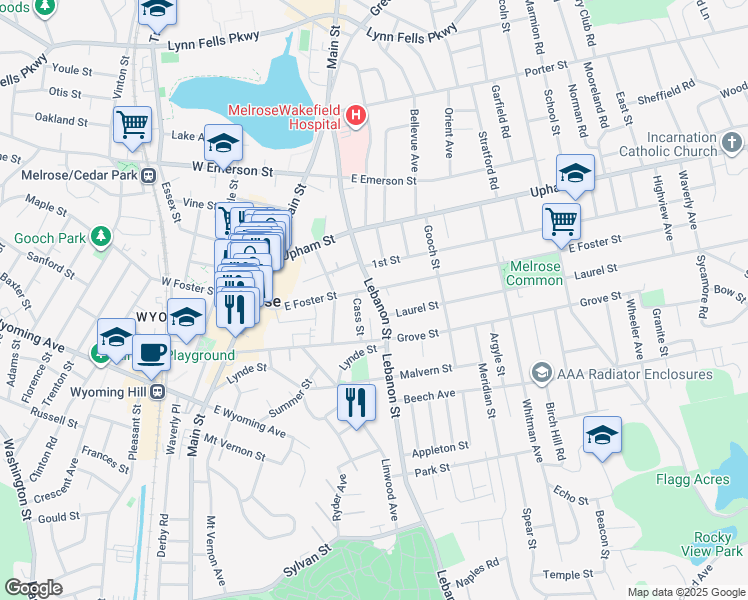 map of restaurants, bars, coffee shops, grocery stores, and more near 431 Lebanon Street in Melrose