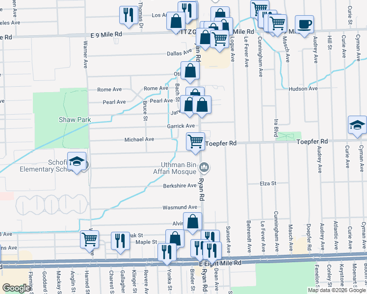 map of restaurants, bars, coffee shops, grocery stores, and more near 3926 Toepfer Road in Warren