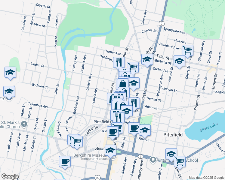 map of restaurants, bars, coffee shops, grocery stores, and more near 80 Bradford Street in Pittsfield