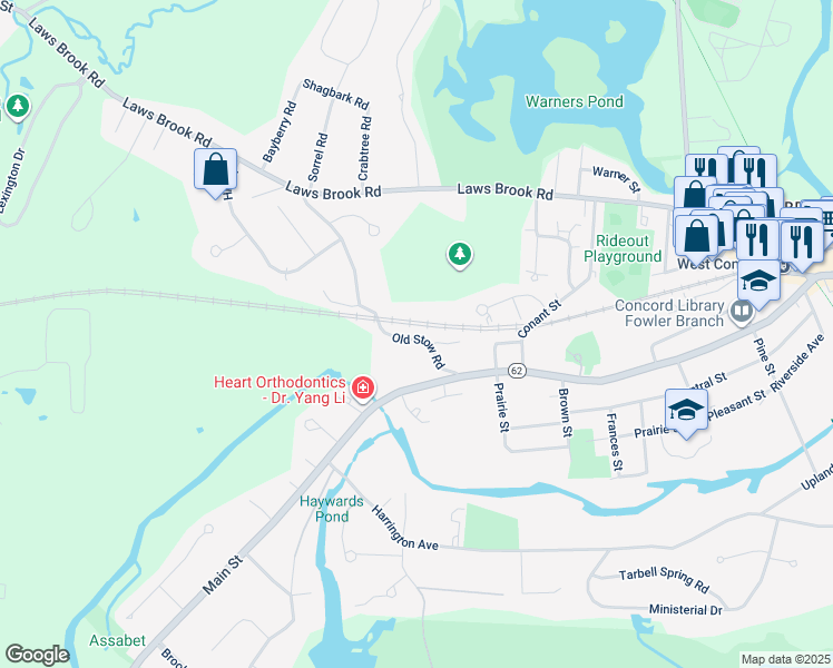 map of restaurants, bars, coffee shops, grocery stores, and more near 54 Old Stow Road in Concord