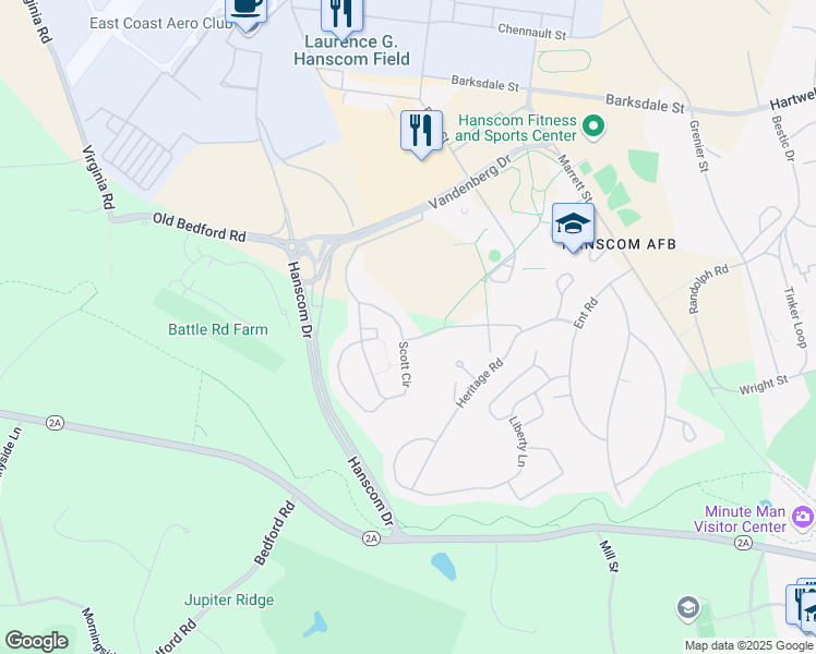map of restaurants, bars, coffee shops, grocery stores, and more near 152 Scott Circle in Hanscom Air Force Base
