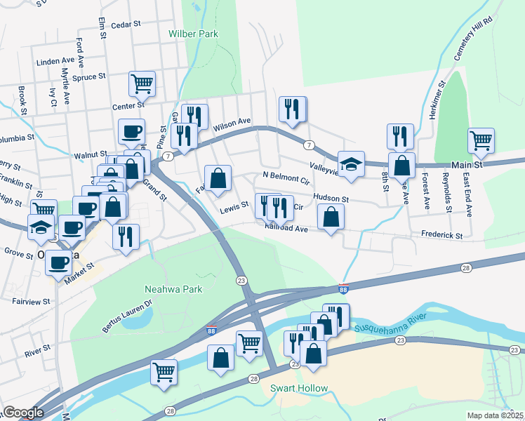map of restaurants, bars, coffee shops, grocery stores, and more near 20 Belmont Cir S in Oneonta