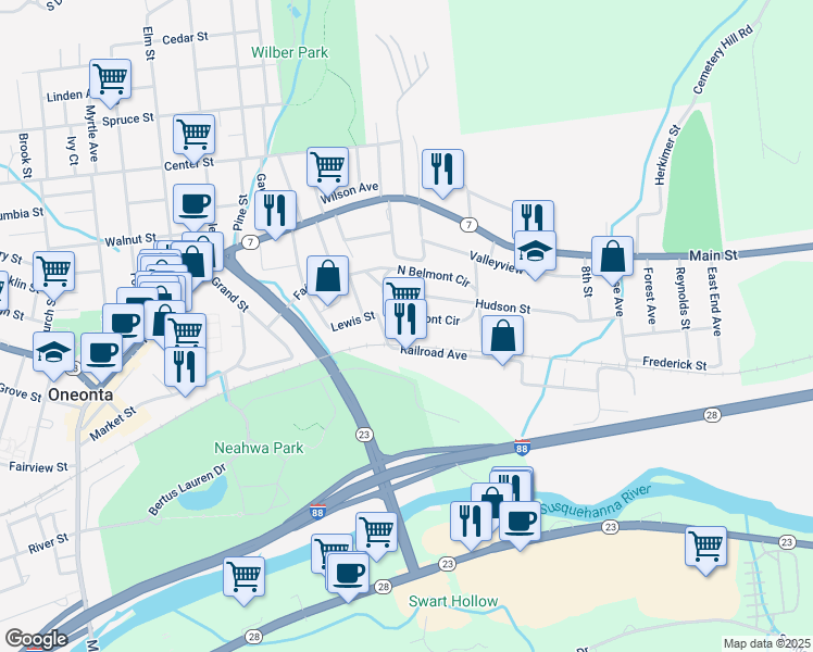 map of restaurants, bars, coffee shops, grocery stores, and more near 20 Belmont Circle South in Oneonta