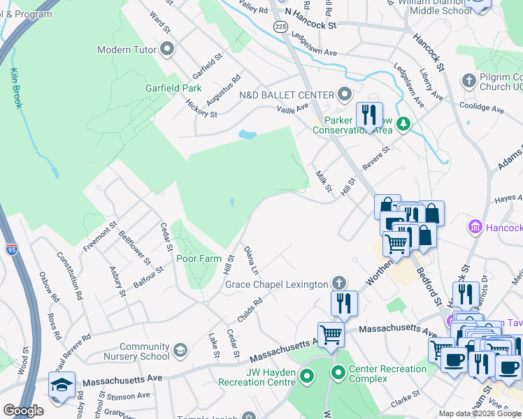 map of restaurants, bars, coffee shops, grocery stores, and more near 62 Hill Street in Lexington
