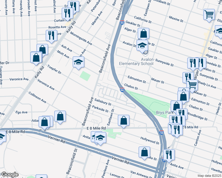 map of restaurants, bars, coffee shops, grocery stores, and more near 1254 Woodbridge Street in St. Clair Shores