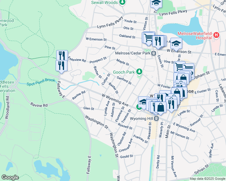 map of restaurants, bars, coffee shops, grocery stores, and more near 189 West Wyoming Avenue in Melrose