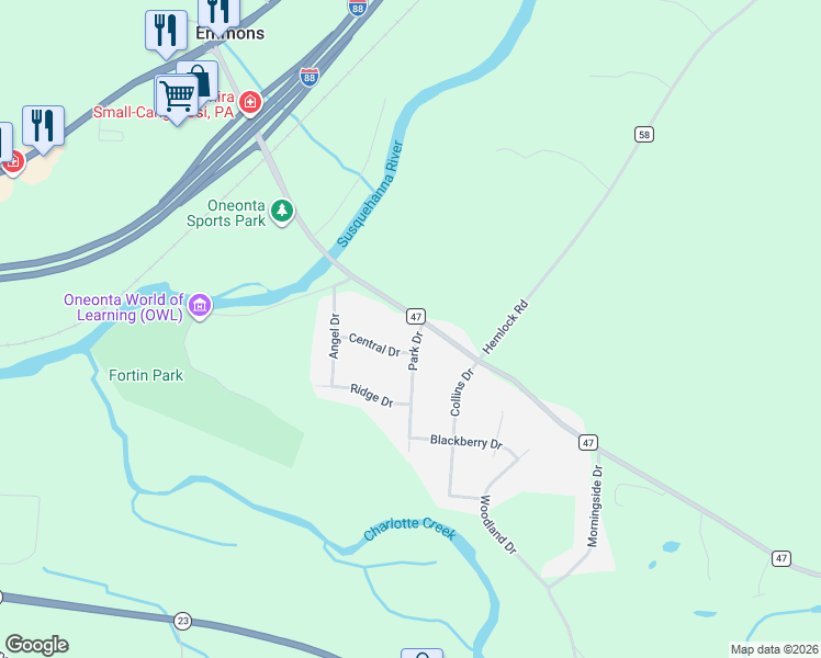 map of restaurants, bars, coffee shops, grocery stores, and more near 107 Park Drive in Oneonta