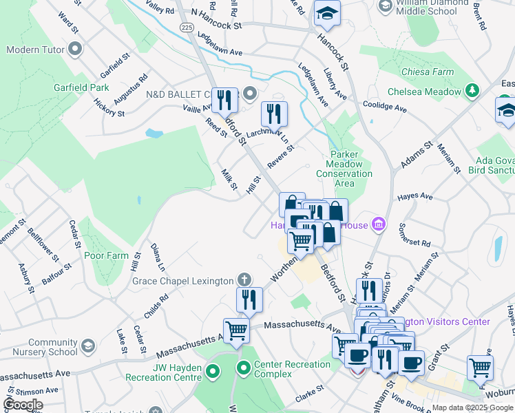 map of restaurants, bars, coffee shops, grocery stores, and more near 31 Shirley Street in Lexington