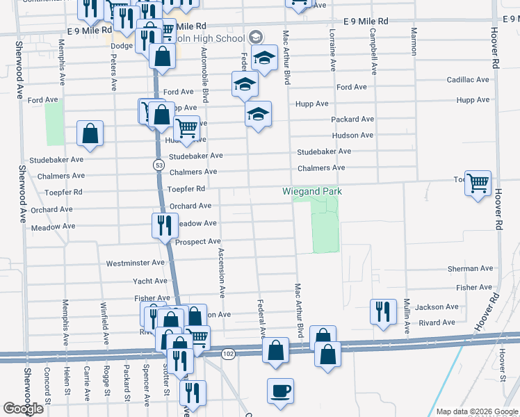 map of restaurants, bars, coffee shops, grocery stores, and more near 8403 Meadow Avenue in Warren