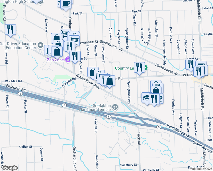 map of restaurants, bars, coffee shops, grocery stores, and more near 22100 Hawthorne Street in Farmington