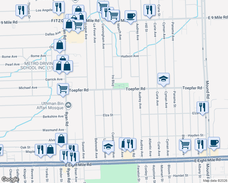 map of restaurants, bars, coffee shops, grocery stores, and more near 21621 Cunningham Avenue in Warren