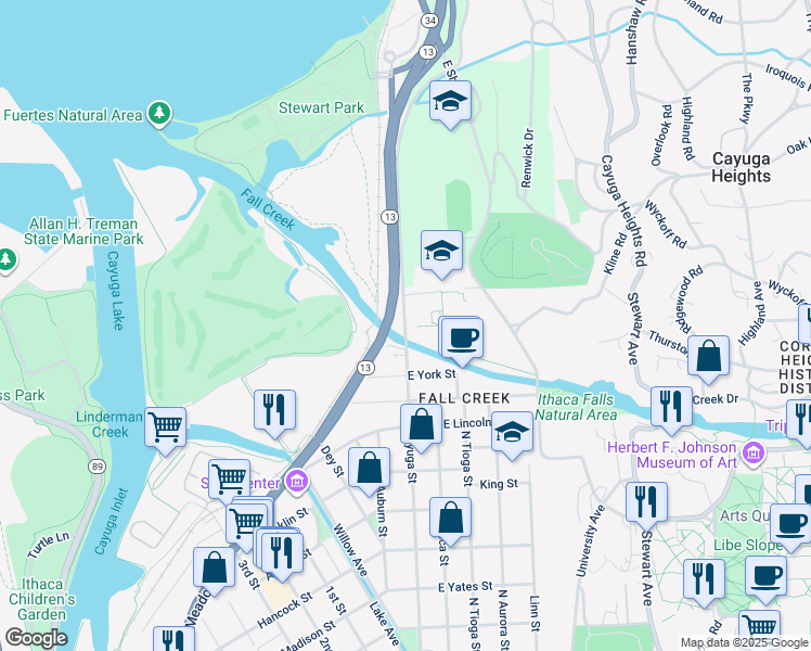 map of restaurants, bars, coffee shops, grocery stores, and more near 1401 North Cayuga Street in Ithaca