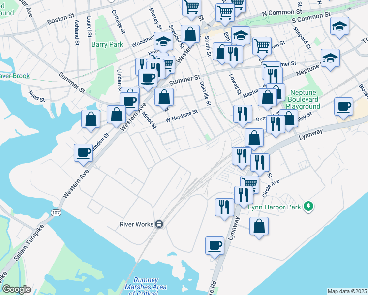 map of restaurants, bars, coffee shops, grocery stores, and more near 100 Light Street in Lynn