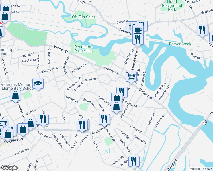 map of restaurants, bars, coffee shops, grocery stores, and more near 36 Grandview Avenue in Saugus