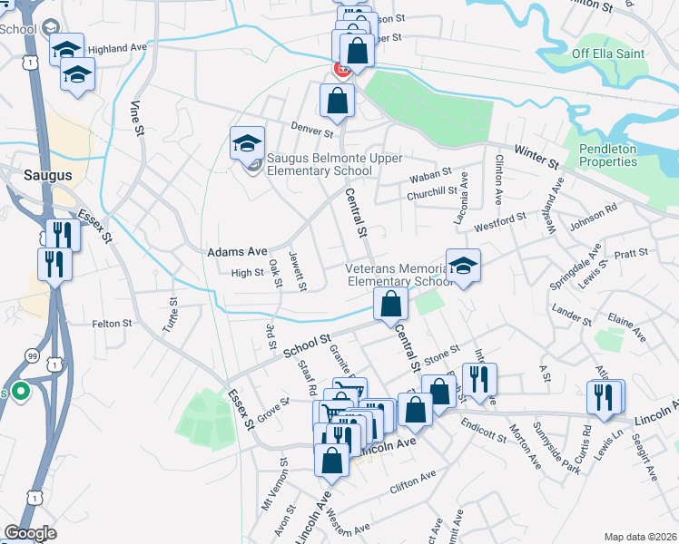 map of restaurants, bars, coffee shops, grocery stores, and more near 32 Herbert Avenue in Saugus