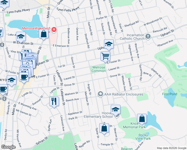 map of restaurants, bars, coffee shops, grocery stores, and more near 324 Grove Street in Melrose