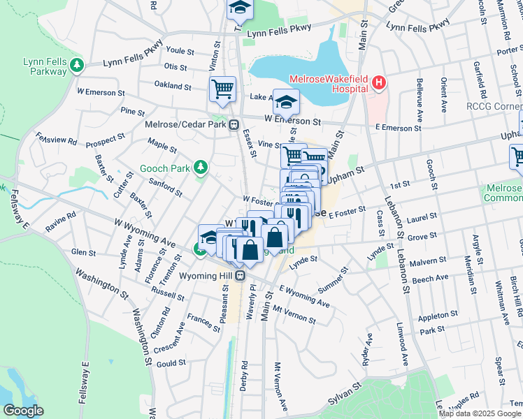 map of restaurants, bars, coffee shops, grocery stores, and more near 9 Berwick Place in Melrose
