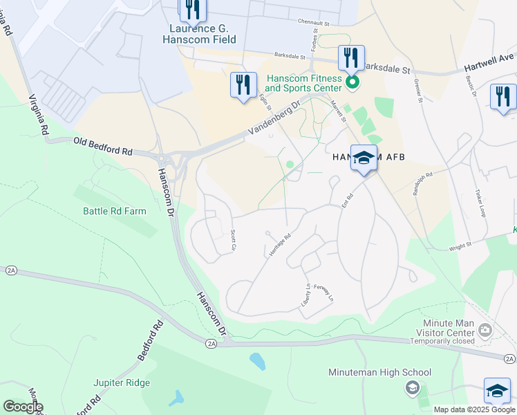 map of restaurants, bars, coffee shops, grocery stores, and more near 101 Northbridge Road in Hanscom Air Force Base