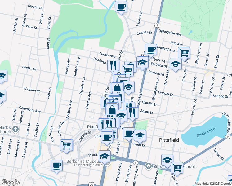 map of restaurants, bars, coffee shops, grocery stores, and more near 409 North Street in Pittsfield