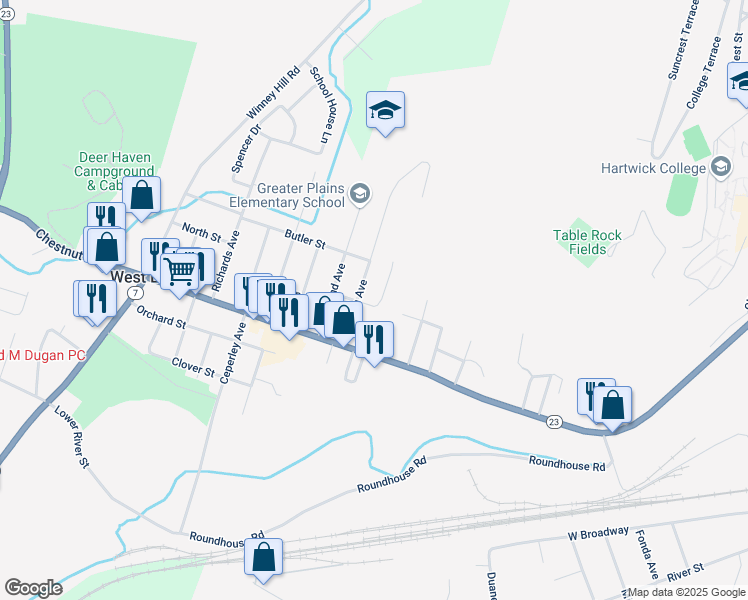 map of restaurants, bars, coffee shops, grocery stores, and more near 3 Moffatt Street in Oneonta