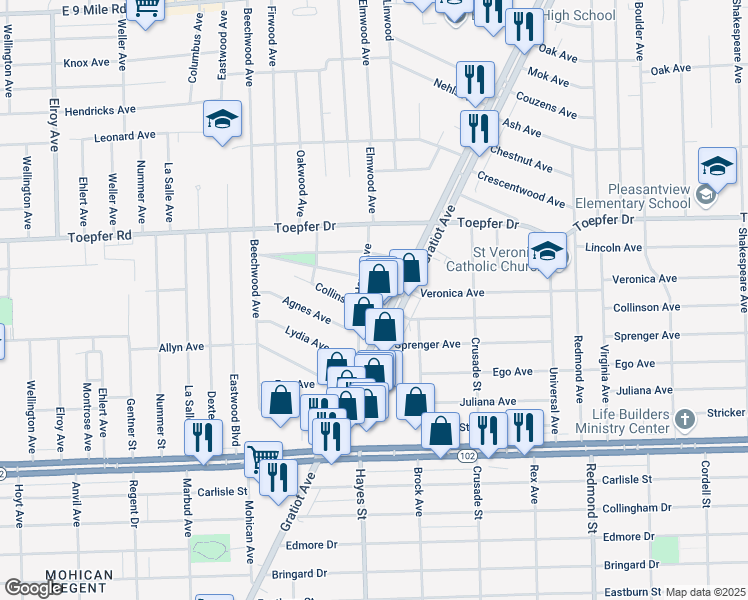 map of restaurants, bars, coffee shops, grocery stores, and more near 21311 Michigan 3 in Eastpointe