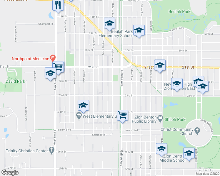 map of restaurants, bars, coffee shops, grocery stores, and more near 2215 Hebron Avenue in Zion