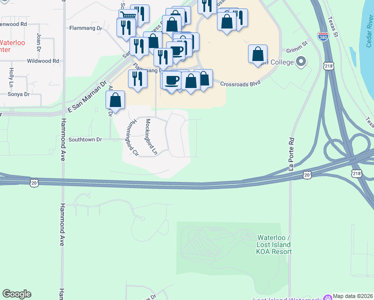 map of restaurants, bars, coffee shops, grocery stores, and more near 4143 Mourning Dove Drive in Waterloo