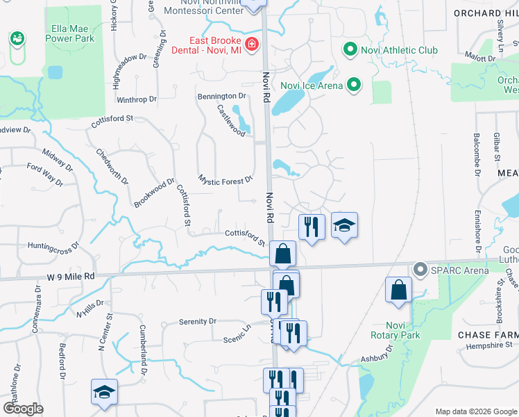 map of restaurants, bars, coffee shops, grocery stores, and more near 43443 Mclean Ct in Novi