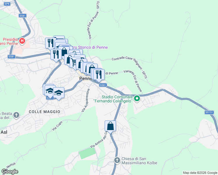 map of restaurants, bars, coffee shops, grocery stores, and more near 29-43 Via S. Spirito in Penne