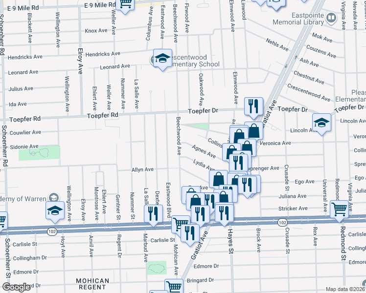 map of restaurants, bars, coffee shops, grocery stores, and more near 21221 Beechwood Avenue in Eastpointe