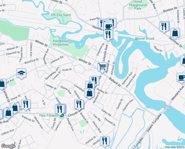 map of restaurants, bars, coffee shops, grocery stores, and more near 15 Hemingway Road in Saugus