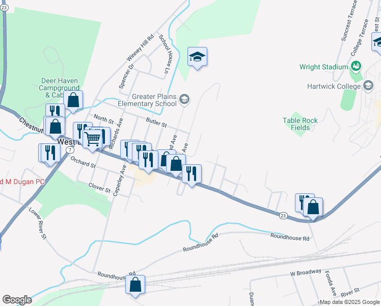 map of restaurants, bars, coffee shops, grocery stores, and more near 4 Moffatt Street in Oneonta