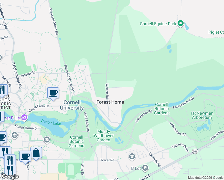 map of restaurants, bars, coffee shops, grocery stores, and more near 126 County Road 121 in Ithaca