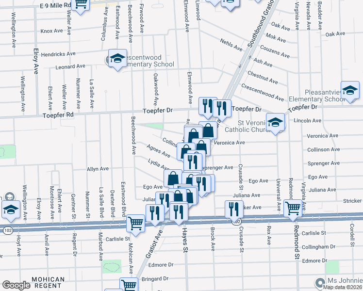 map of restaurants, bars, coffee shops, grocery stores, and more near 14872 Collinson Avenue in Eastpointe