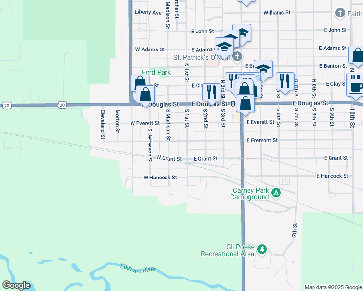 map of restaurants, bars, coffee shops, grocery stores, and more near 100-198 West Grant Street in O'Neill