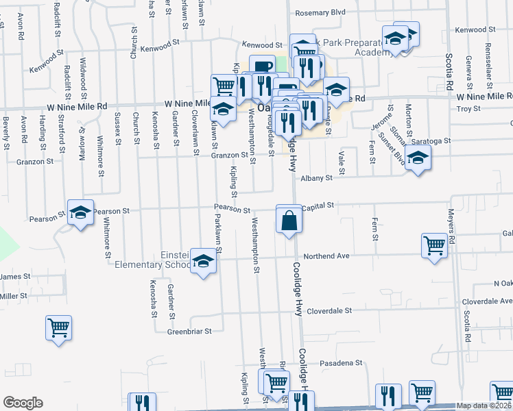 map of restaurants, bars, coffee shops, grocery stores, and more near 13741 Pearson Street in Oak Park