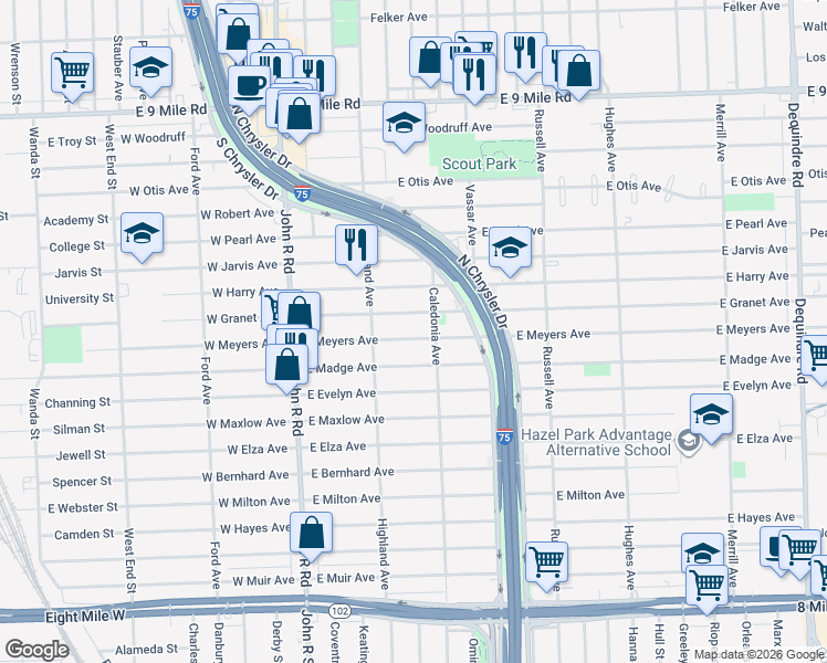 map of restaurants, bars, coffee shops, grocery stores, and more near 628 East Meyers Avenue in Hazel Park