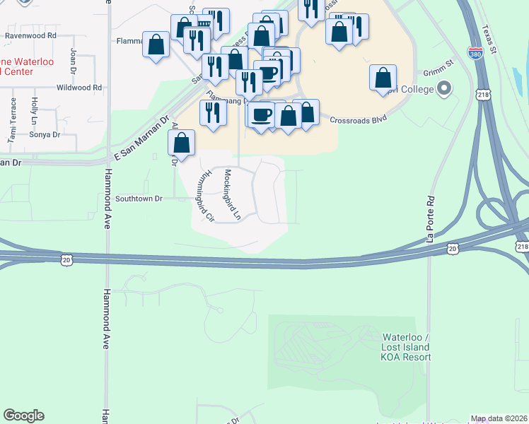 map of restaurants, bars, coffee shops, grocery stores, and more near 4143 Mourning Dove Drive in Waterloo