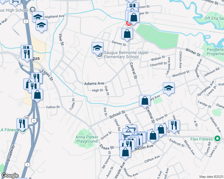 map of restaurants, bars, coffee shops, grocery stores, and more near 28 Forest Avenue in Saugus