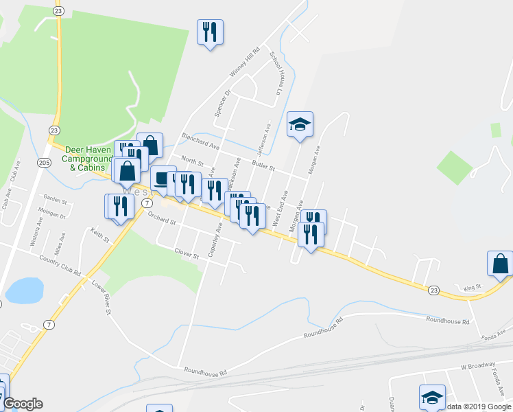 map of restaurants, bars, coffee shops, grocery stores, and more near 10 Hubbell Avenue in Oneonta